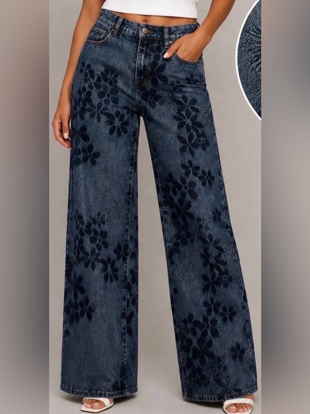 👖Nina Rossi Flocked Floral Wide-Leg Jeans 🌸🖤 | NWT | Size L | $199 Retail